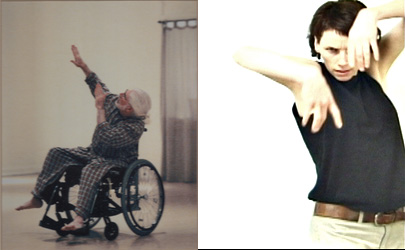 on the left, a white-haired dancer in a wheelchair and pajamas leans left while extending his hands, and on the right a standing dancer drapes her hands in front of her face