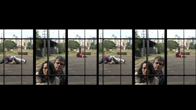 a split screen image repeated on both right and left of a man and woman looking through a window