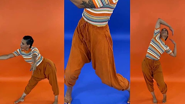 a frame split in 3, with the same dancer in each frame in angular poses