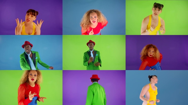 brightly colored images of dancers in a grid of squares, as if on a Zoom call