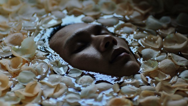 a Chinese man's face is just above the water, surrounded by white rose petals