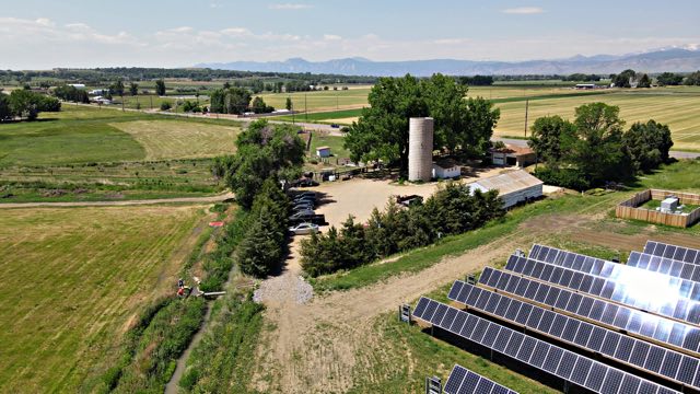 aerial view of Jack's Solar Garden, a working farm with a solar array