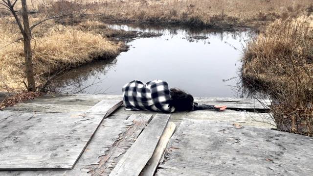 a dark haired person lays on their side atop old plywood next to a pond