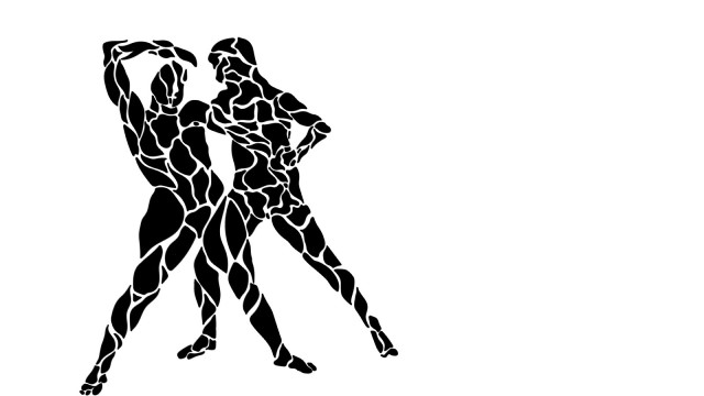 a silhouette of two people dancing, drawn so that their bodies are composed of numerous rounded shapes
