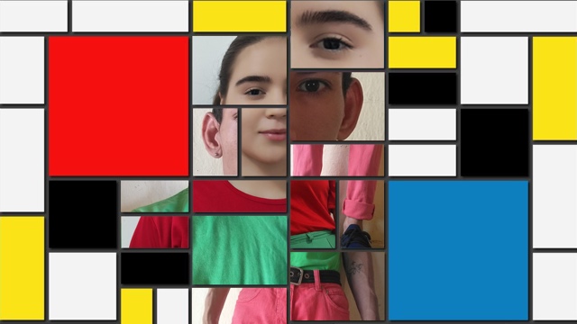 cropped images of people in brightly colored clothing are interspersed with solid color tiles to create a colorful mosaic