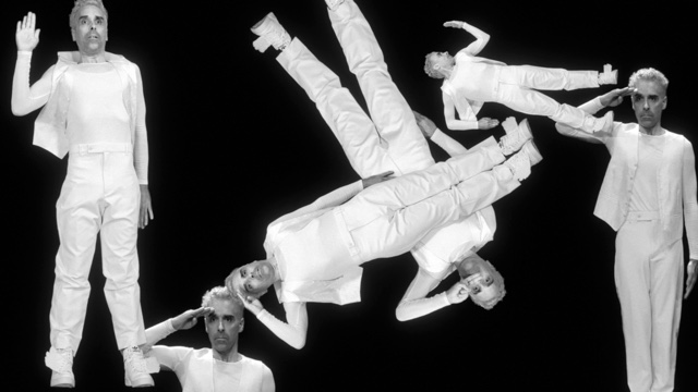 multiple images of the same dancer in different poses: saluting, raising a hand to testify, etc.