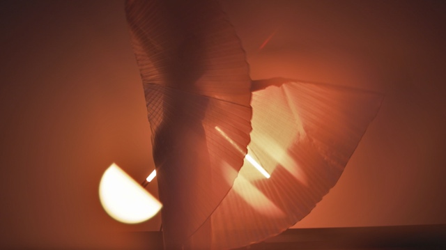 a dancer wearing wings silhouetted in orange light