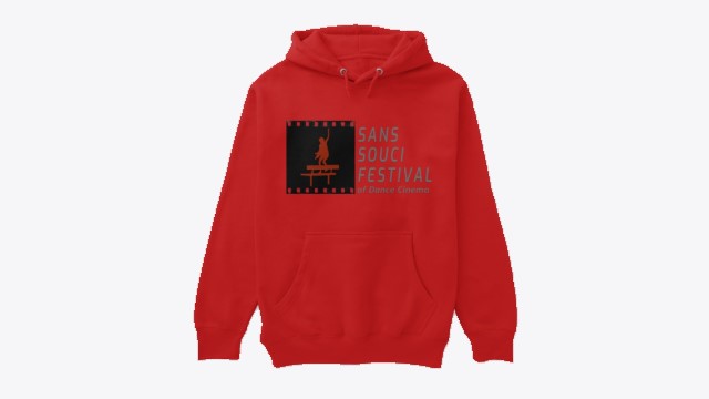 a red hooded sweatshirt with the Sans Souci Festival of Dance Cinema logo on it