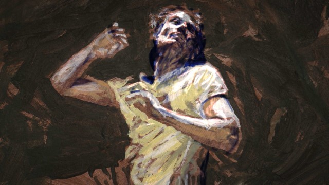 a stylized drawing of a man dancing in light colored t-shirt