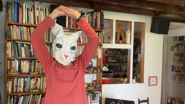 a dancer in a rabbit mask poses in front of a shelf full of old books