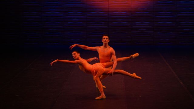 a light skinned male ballet dancer holds a light skinned female ballerina with one arm, his other outstretched