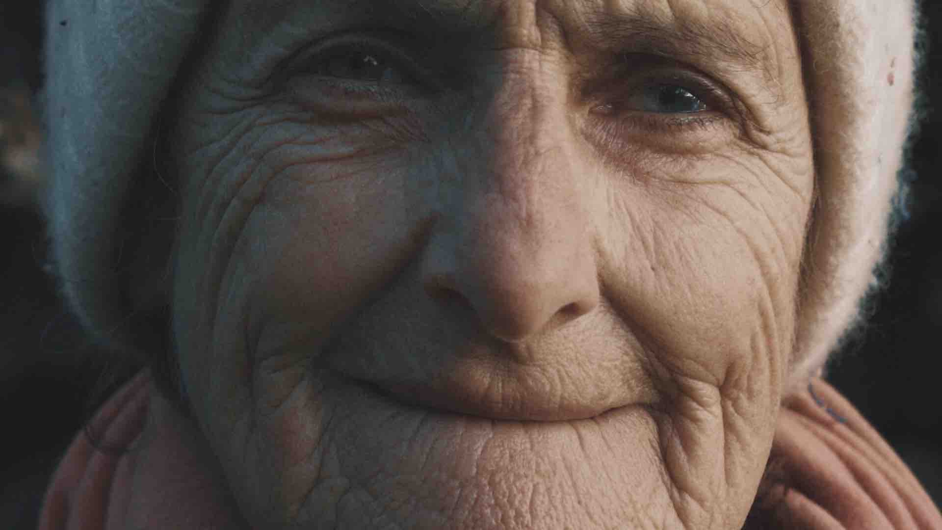 an extreme closeup of an older light-skinned woman's face, smiling with lips pursed