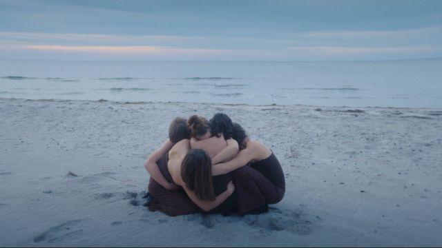 five light skinned dancers huddle together on a beach such that no parts of any of their faces are visible and they appear almost as one organism