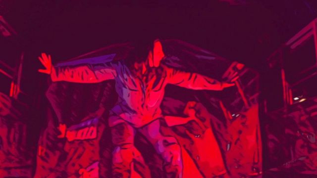 a stylized image in warm color tones of a long haired dancer squatting slightly, arms extended with palms facing out