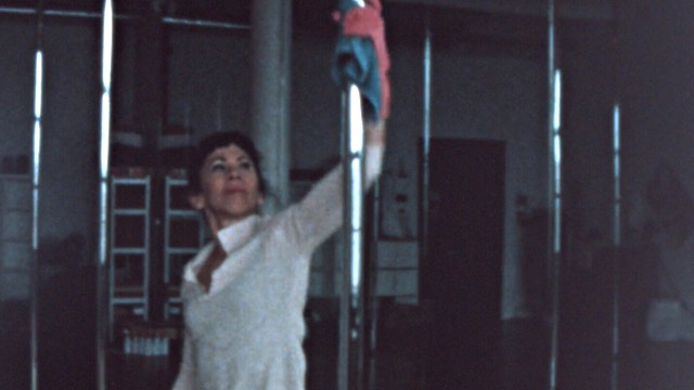 a professional cleaner wipes down a pole in a pole dance studio, smiling wistfully