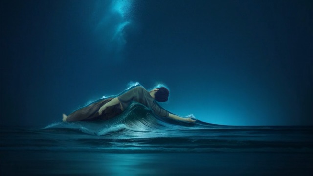 a highly stylized image of a person laying on their right side on top of an ocean wave