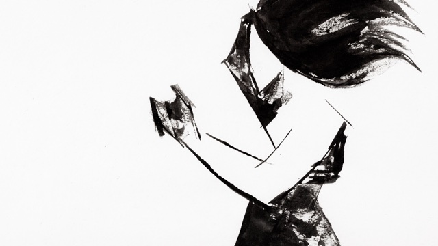 an abstract ink drawing of a woman in a dark dress and long black hair
