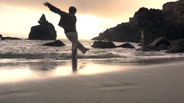 a dancer with short hair extends their left leg and left arm in opposite directions on smooth wet sand next to the ocean